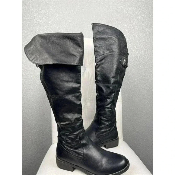 Steve Madden OTK Black Genuine Leather Sz 7 M Over The Knee Boots Black EUC - Picture 2 of 14